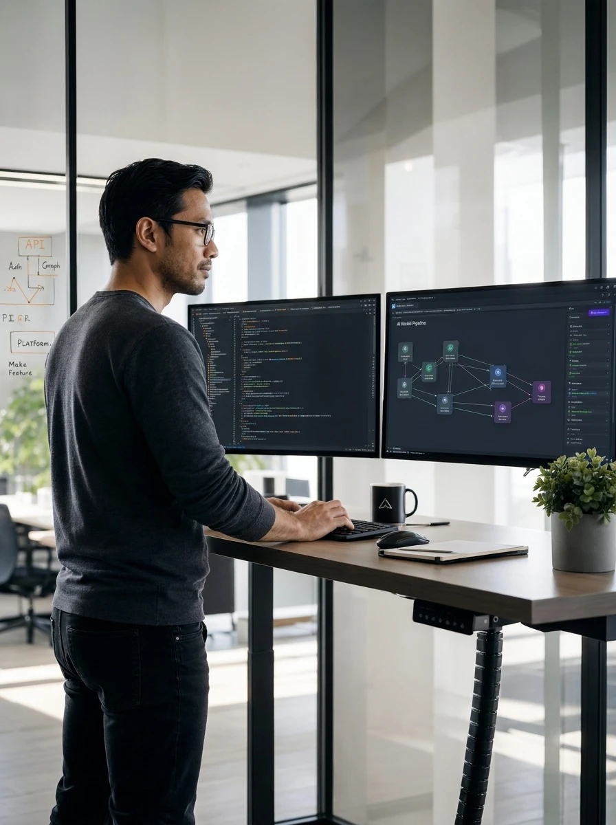 LLM Engineer reviewing an AI model pipeline dashboard