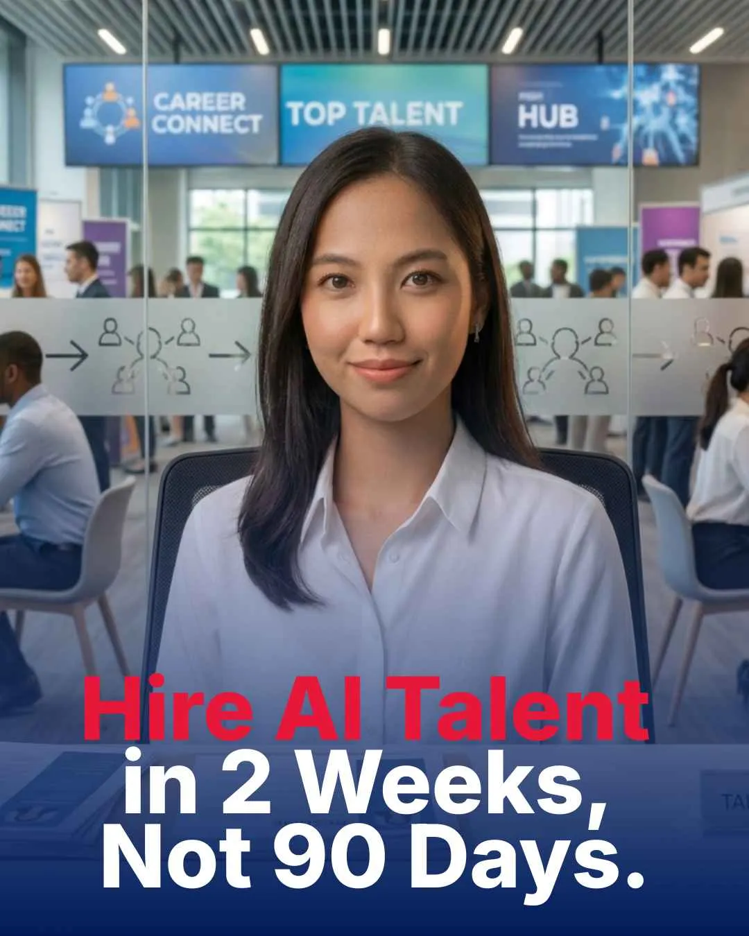 A smiling young professional woman in a white button-down shirt sitting at a busy career fair, with bold text overlay that reads 'Hire AI Talent in 2 Weeks, Not 90 Days.'